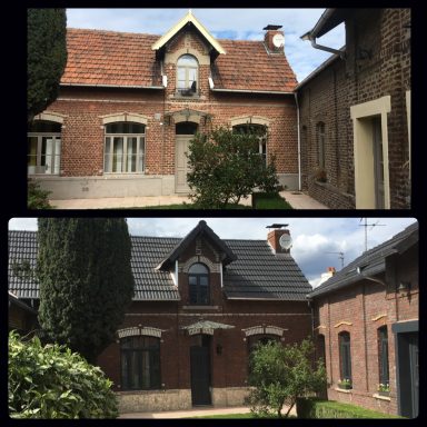 Façades de deux maisons avec briques, toits en pente et verdure environnante.