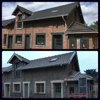 Maison en briques, avant et après travaux, avec un aspect rénové et une nouvelle toiture.