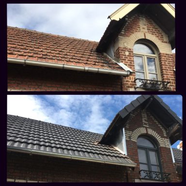 Toit en tuiles avec une lucarne, montrant des différences avant et après rénovation.